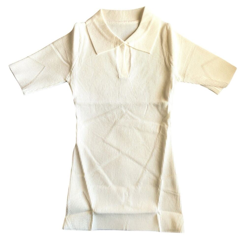 Womens V Neck Stretch Short Sleeve Top, Fitted, Slim, Off-White, Size Small